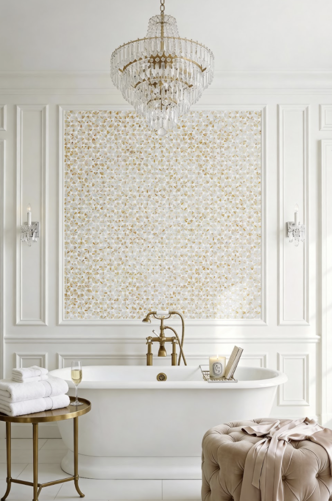 Daisy waterjet mosaic in Calacatta Oliva and White Onyx with Rust accents, installed above a freestanding bathtub in an elegant white bathroom.