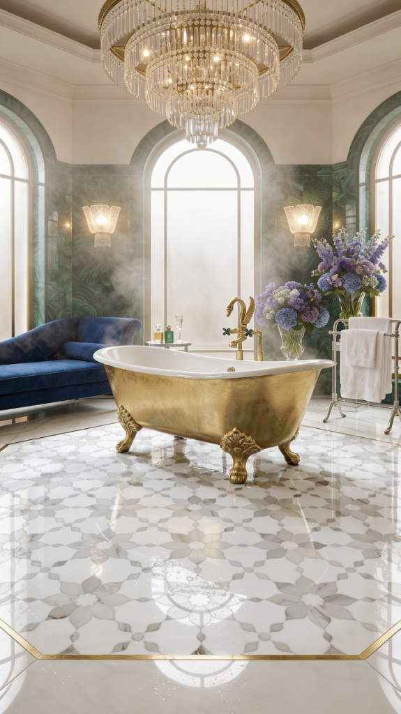 Bianco Fiore waterjet mosaic in Thassos and Calacatta Gold marble installed in a dramatic luxury bathroom featuring arched windows, a gold bathtub, and crystal lighting.