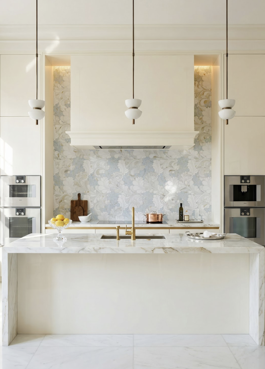 Wildflower waterjet mosaic in Azul Cielo, Thassos, and Calacatta Gold marble used as a floral backsplash behind a range hood in a modern luxury kitchen.
