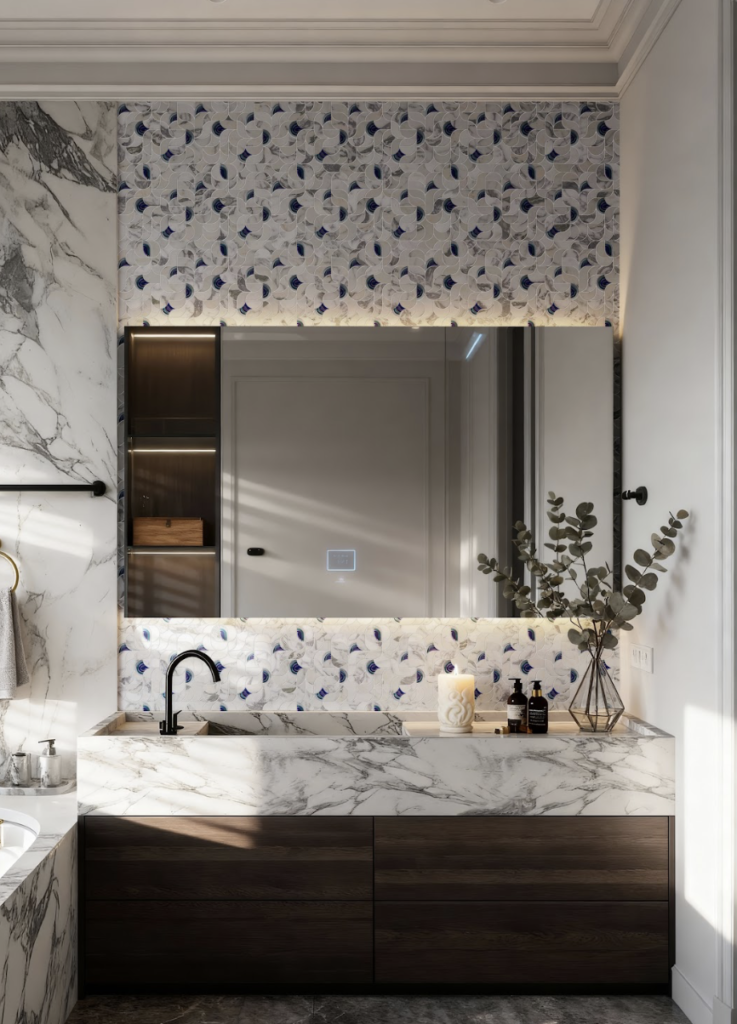 Symphony waterjet mosaic in Arabescato marble with mixed blue porcelain accents installed as a decorative bathroom wall behind a contemporary vanity and mirror.